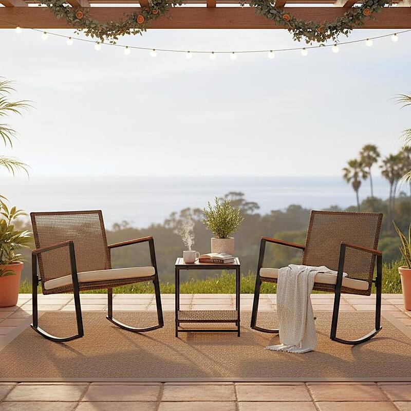 Made4Home Vianna 3-Piece Solid Acacia Wood Patio Rocking Set - Brown