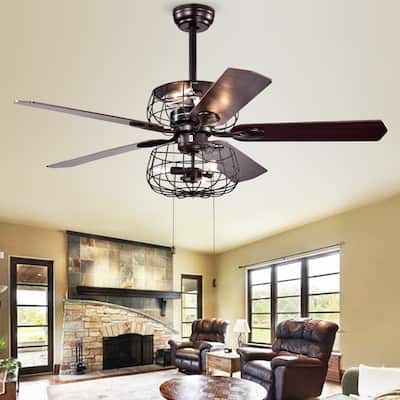 SAFAVIEH Lighting Elfrieda 52-inch Ceiling Light Fan - 52" W x 52" L x 26" H - Red Walnut/Dark Cheery - 52Wx52Dx26H