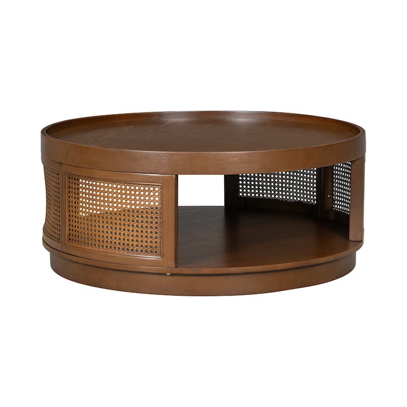 36.8" Solid Wood Round Coffee Table with Storage Shelf and PE Rattan Sides