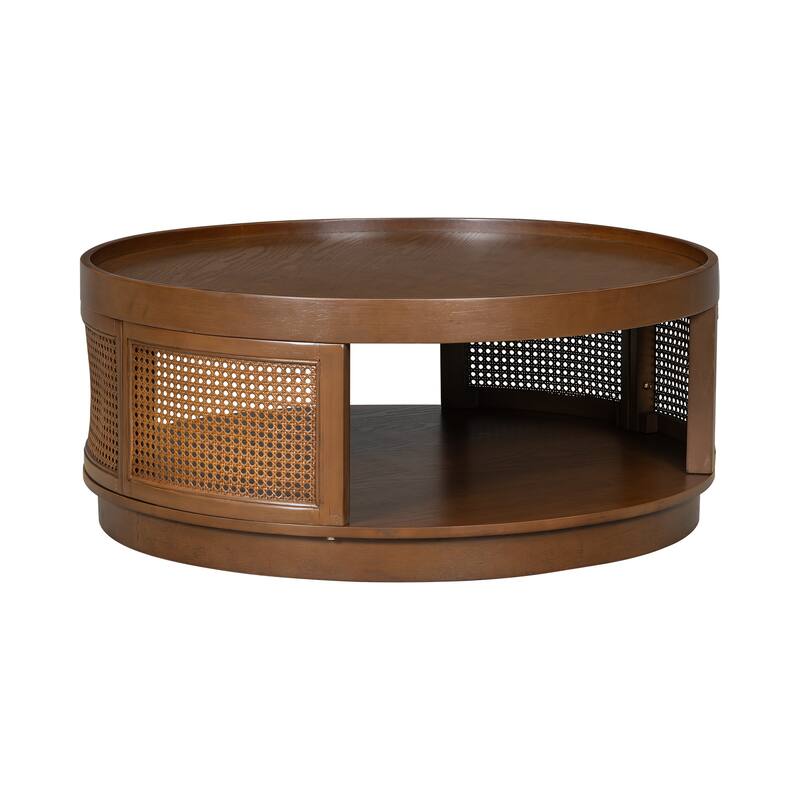 Wooden Mid-Century Modern Coffee Table, Round Cane Coffee Table With Pe Rattan Side