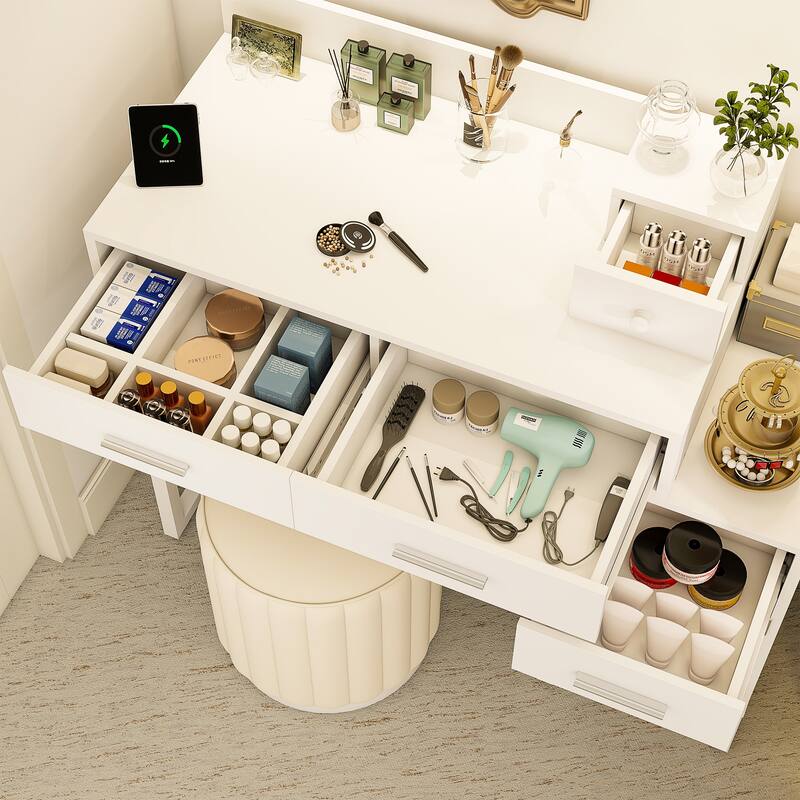 Reversible Makeup Vanity Desk With Charging Station and 4 Wooden Drawers and 1 Cabinet