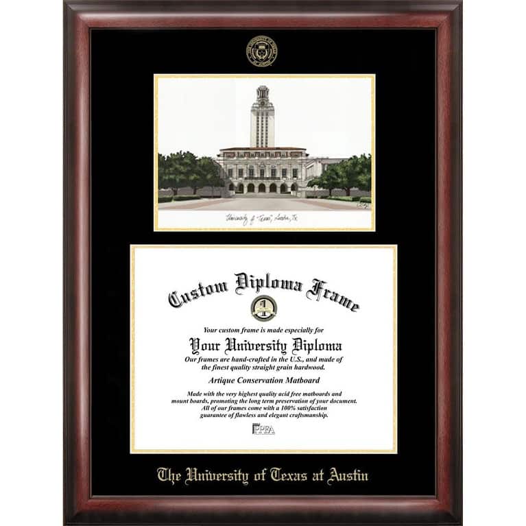 University of Texas, Austin 14w x 11h Gold Embossed Diploma Frame with Campus Images Lithograph