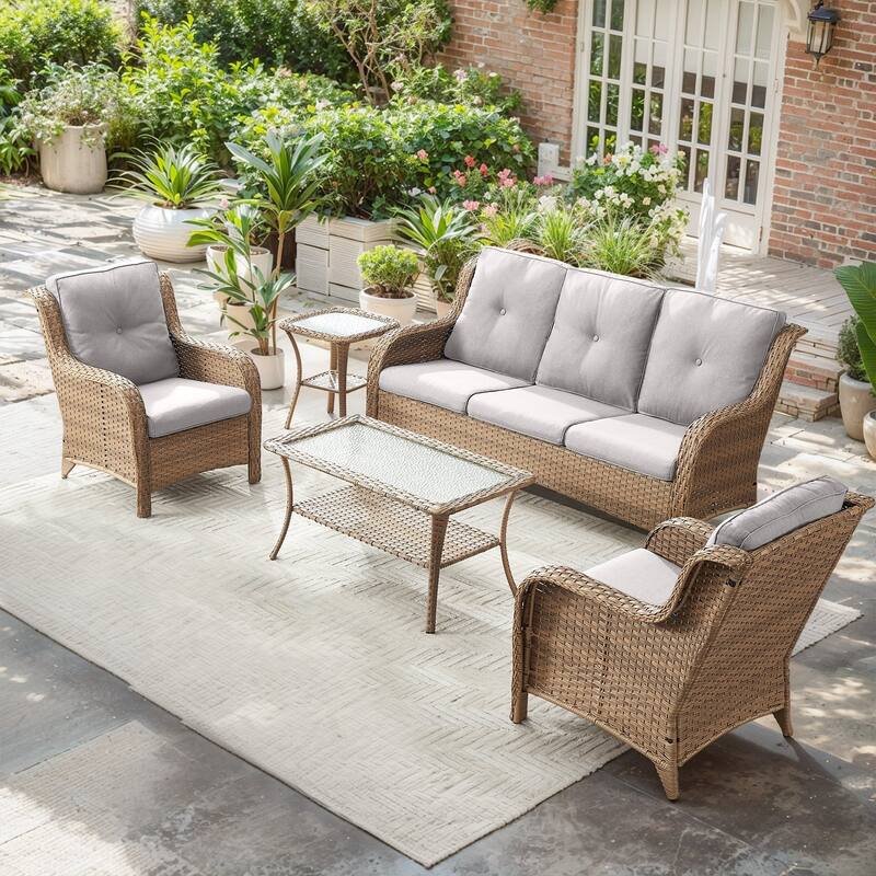 Outdoor Sofa Chair with Coffee Table and Ottoman - Yellow Rattan - Beige Cushion - 5PCS - Patio Chair w/ Sofa Coffee Table