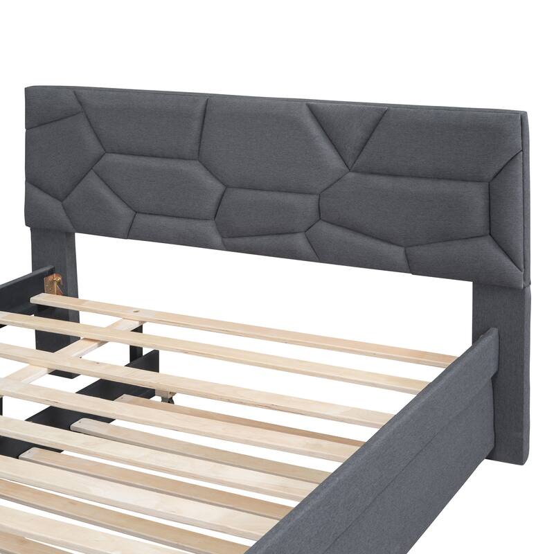 Full Size Upholstered Platform Bed with Brick Pattern Headboard and Twin Trundle, Linen Fabric, Gray