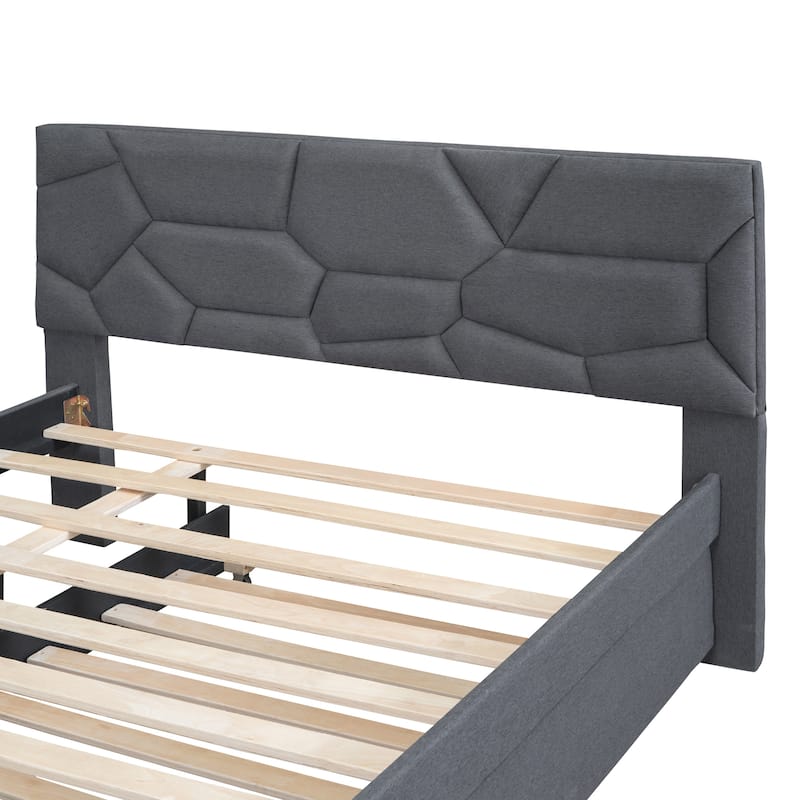 Grey Linen Full Platform Bed with Trundle