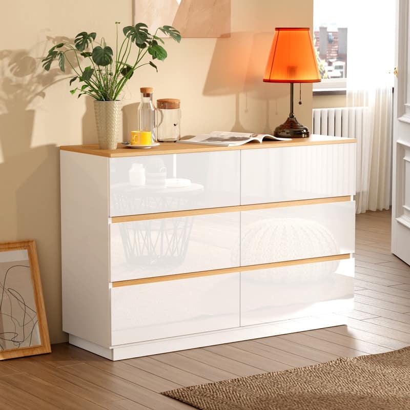 High-Gloss White Oak Contrast P2 15MM Particleboard Melamine 47.2in Double 6-Drawer
