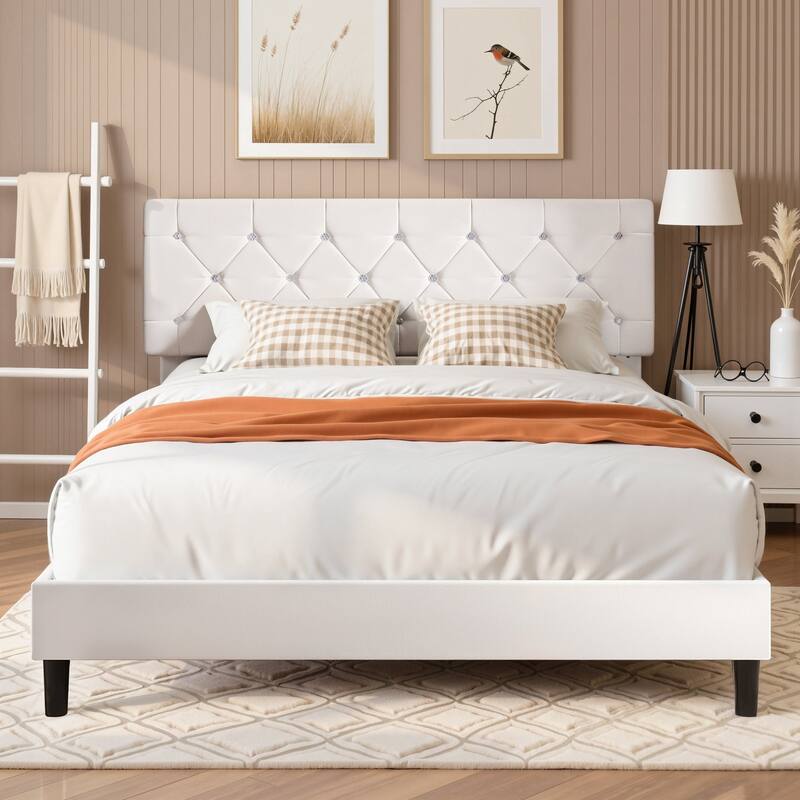 VECELO Upholstered Beds With Diamond Tufted Headboard Platform Bed Frame 7.9'' Under Bed Space - White - Full