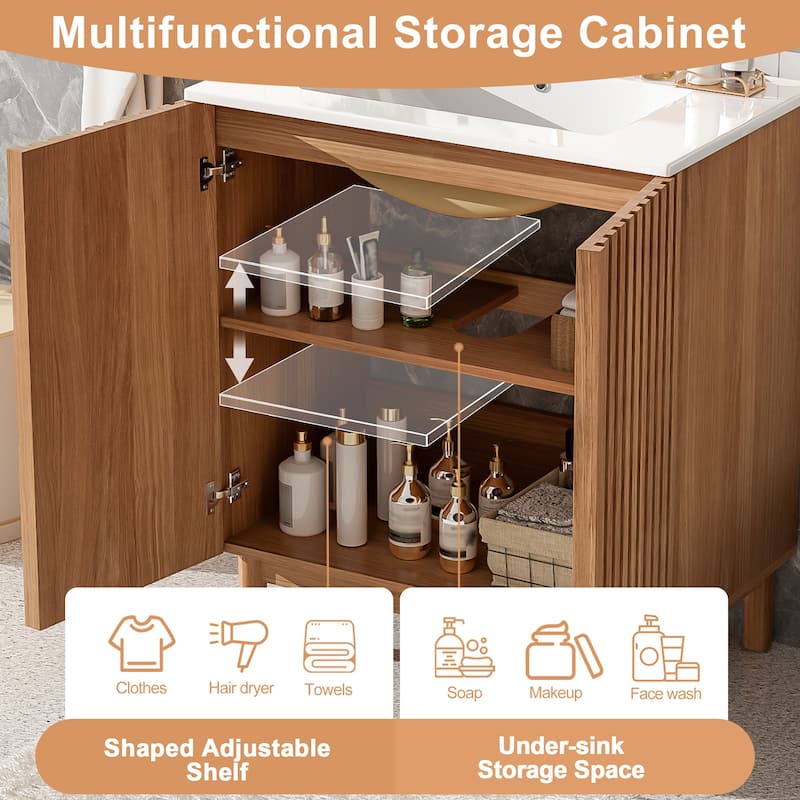 29.9" Traditional Bathroom Vanity with Ceramic Sink, Solid Wood Legs, Soft-Close Doors & Adjustable U-Shaped Shelf