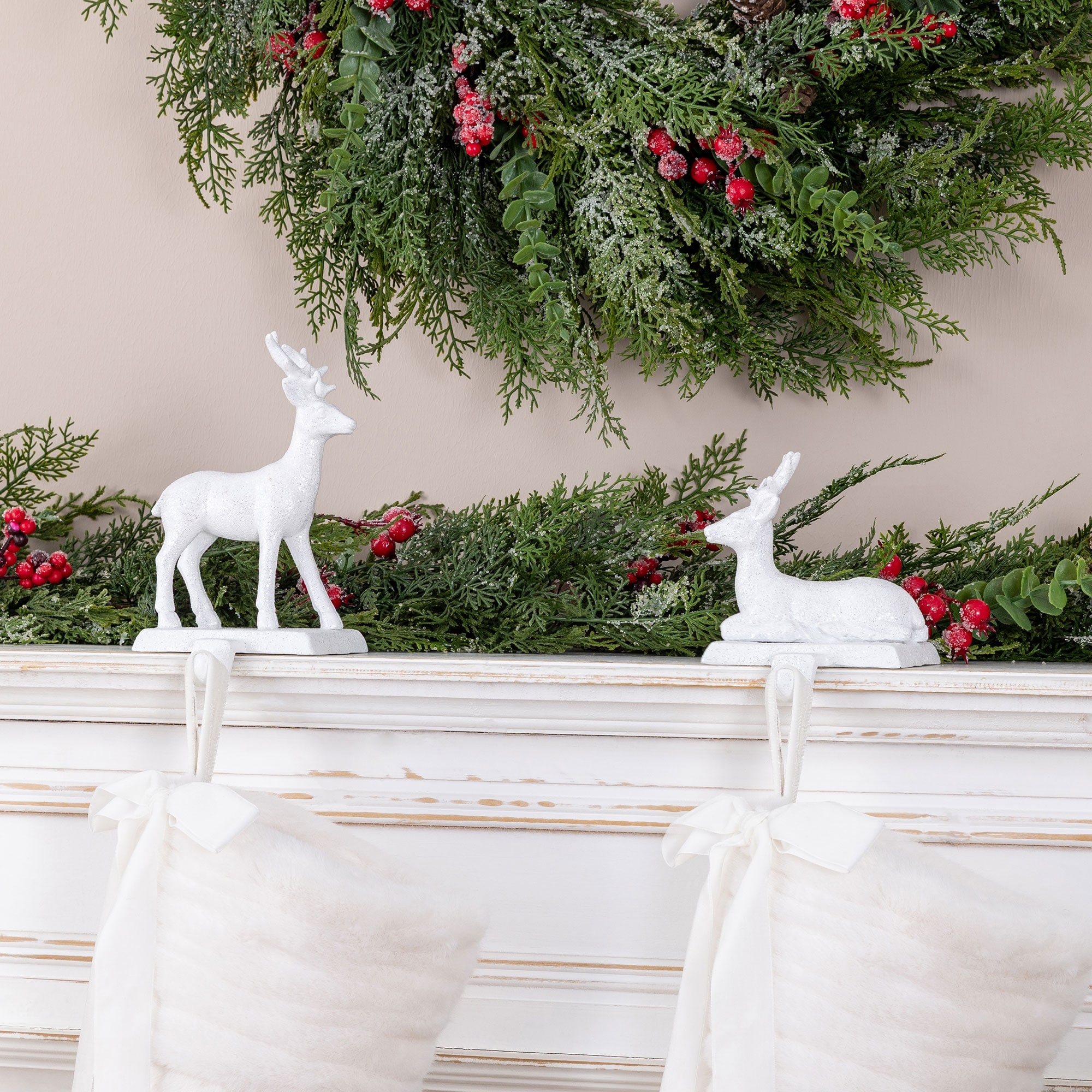 Glitzhome Christmas Resin Glitter Standing & Sitting Reindeer Stocking Holders (Set of 2)
