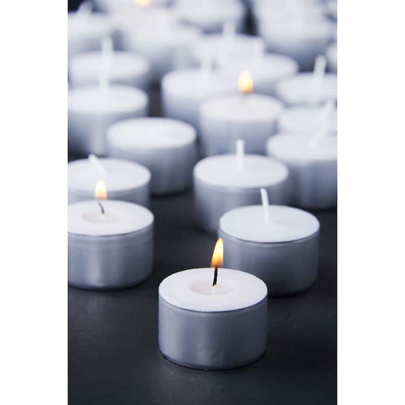 8 Hour Event Tealight Candles Set of 50 White Wax Tea Lights for Everyday Use Burn Time 8 Hours 0.88 in H x 1.5 in Dia