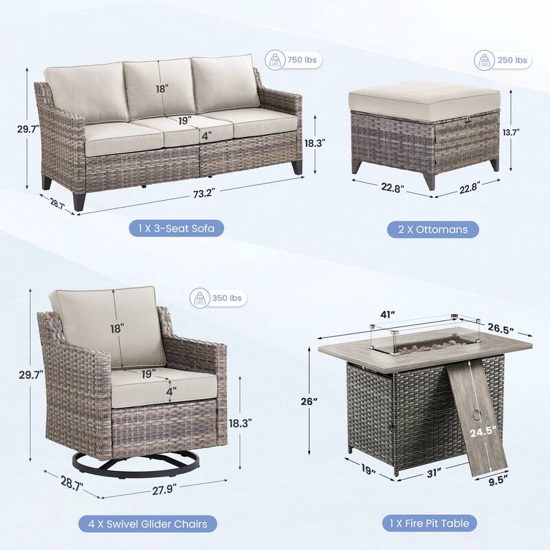 Pocassy Outdoor Swivel Chair with Sofa with Fire Pit Table