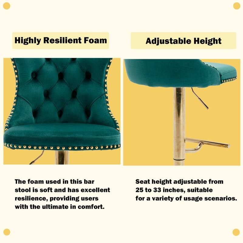 Velvet Upholstered Nailheads Tufted Swivel Bar Stools (Set of 2)