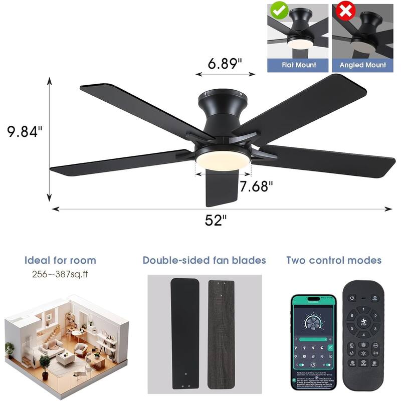46"/52" Inches Flush Mount Modern Quiet Ceiling Fan with Light and Remote,5 Blades,for Living room,Bedroom