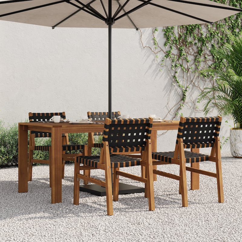 Christopher Knight Home - Orla Outdoor Acacia Wood Dining Set with Woven Rope Side Chairs & Rectangular Slat Table - 5-Piece Set-Teak Finish+Black