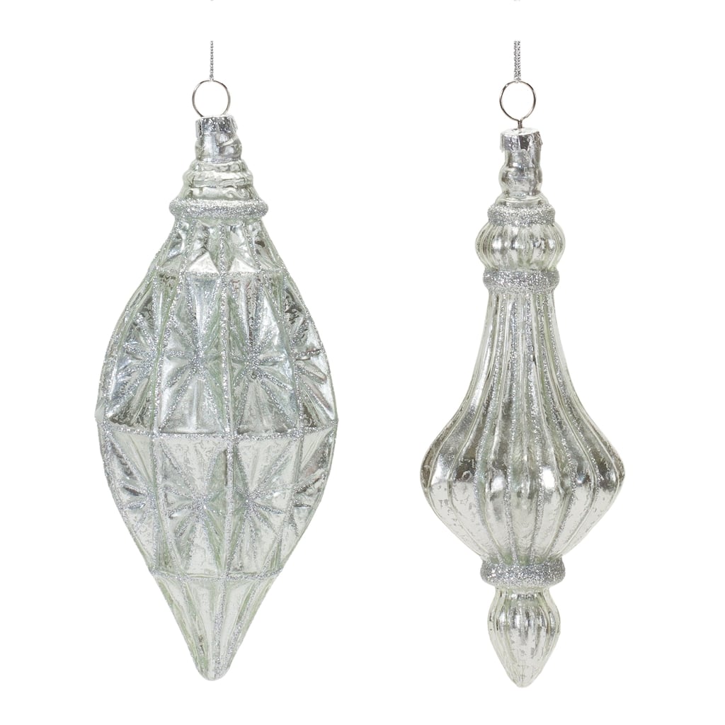 Shiny Glittered Glass Christmas Drop Ornaments 7" 180mm Silver 12ct