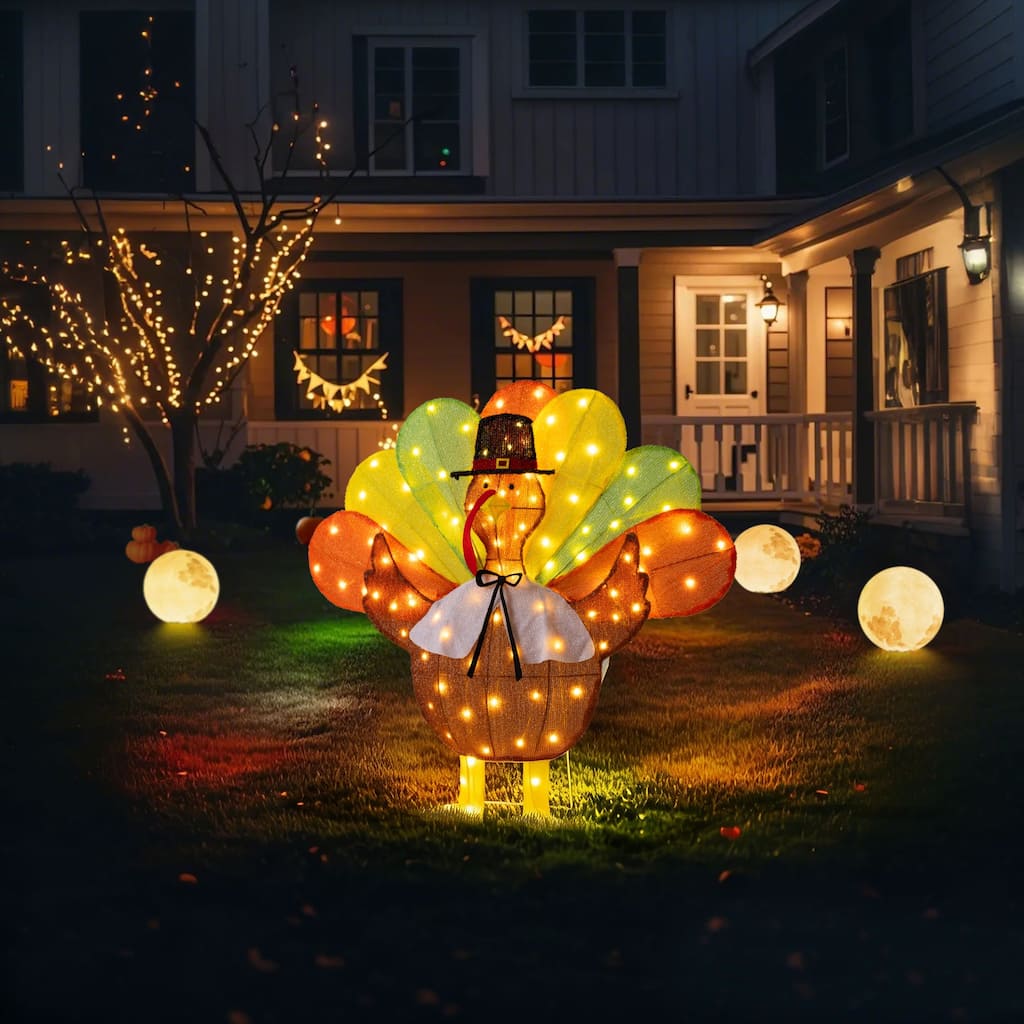 Glitzhome 2.7FT Thanksgiving Lighted Fabric Turkey Outdoor Decor with 100 Warm White LED Lights - 35.5"L x 4"W x 32.75"H