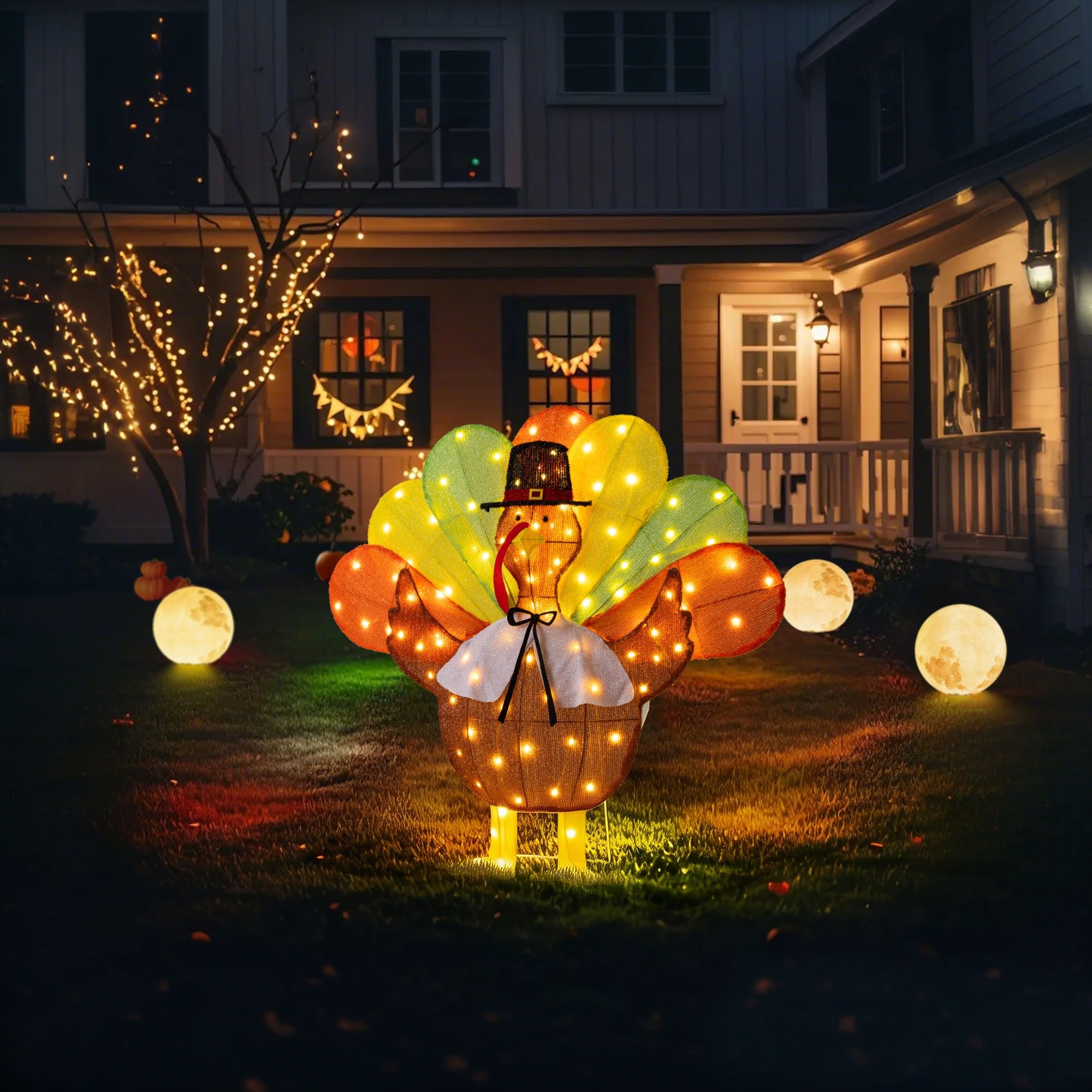 Glitzhome 2.7FT Thanksgiving Lighted Fabric Turkey Outdoor Decor with 100 Warm White LED Lights - 35.5"L x 4"W x 32.75"H