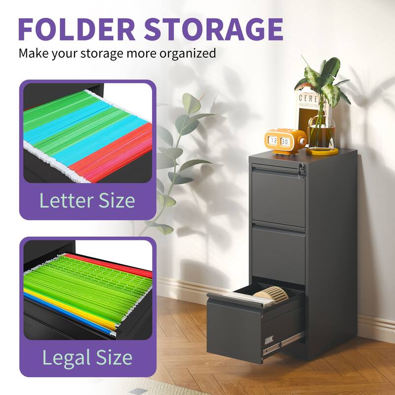 3 Drawer Metal Vertical File Cabinet with Lock Office Home Steel Vertical File Cabinet for A4 Legal/Letter Size