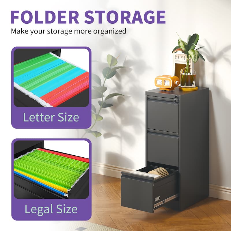 Anmytek Black 3 Drawer Vertical File Cabinet with Lock Anti Tip Design Letter and Legal Size Storage
