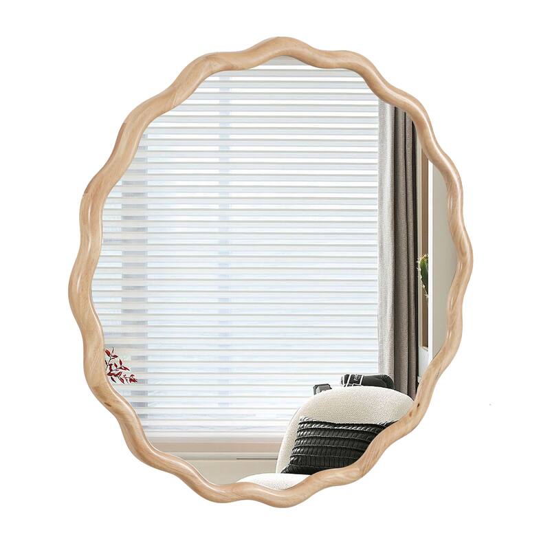 Roomfitters 36" Solid Wood Wavy Mirror, Modern Round Wall Decor for Bathroom, Bedroom & Entryway, Natural Wood