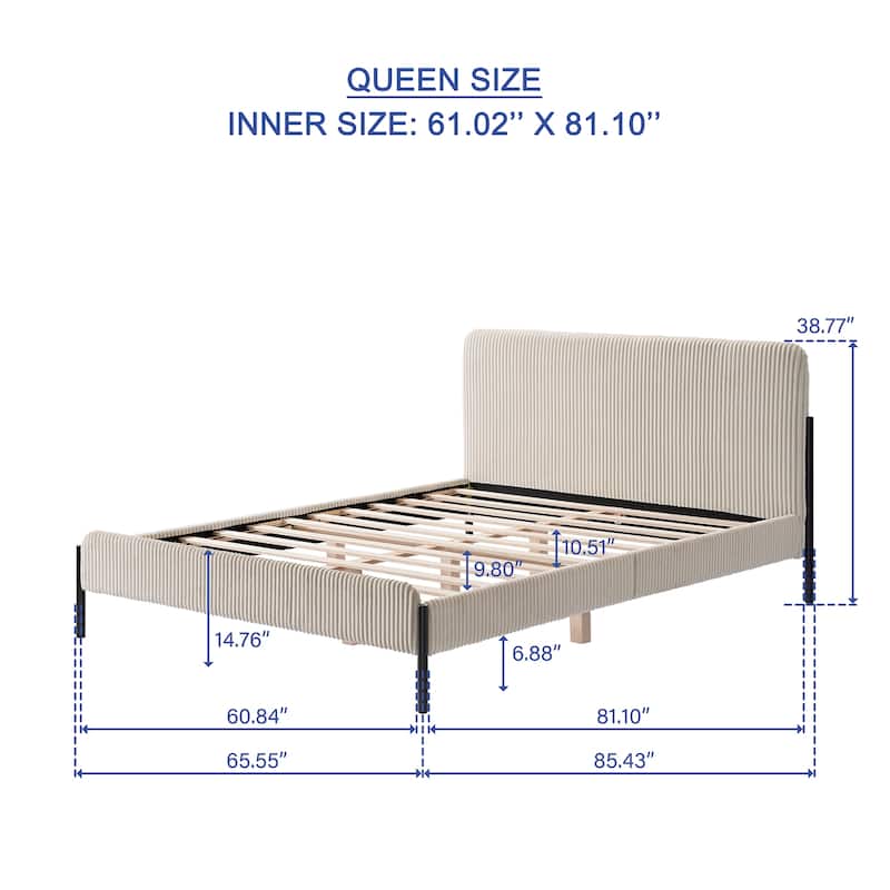Corduroy Upholstered Bed Frame, Rounded Corners Design Queen Platform Bed, Slat Support