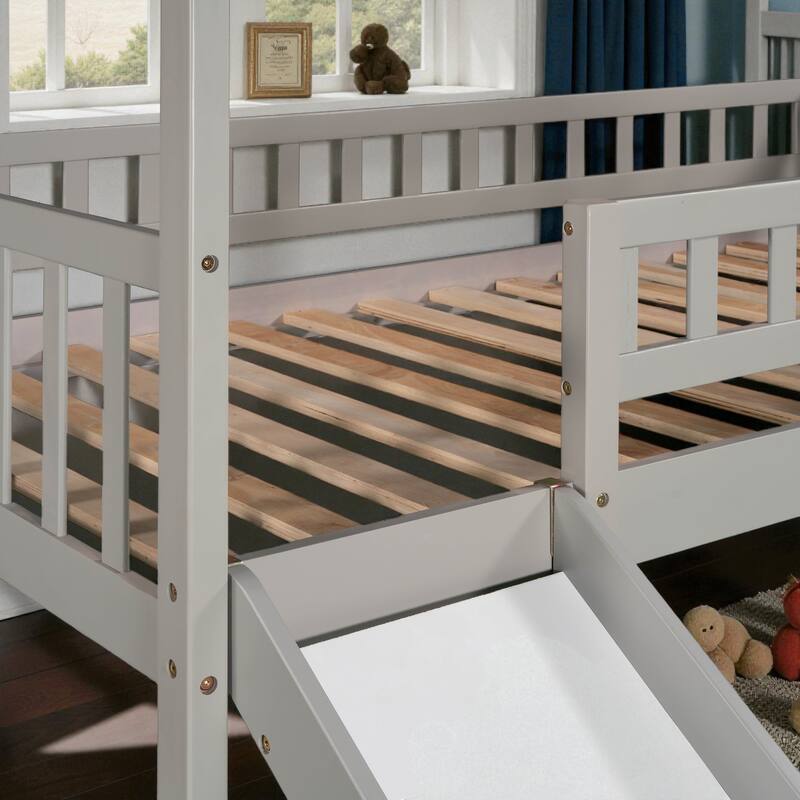 Twin Loft Bed with Slide and Storage Steps, House-Style Kids Bed with Two Drawers and Play Area, No Box Spring Needed
