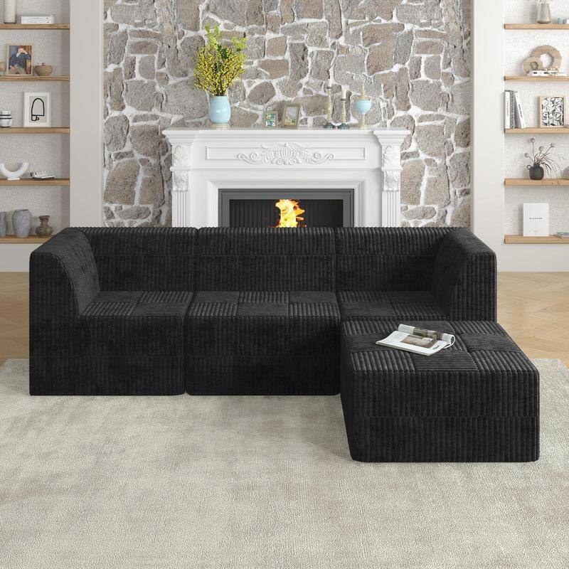 Compact L-Shape Sofa Bed, Modular Space-Saving Corduroy - Right-Black2