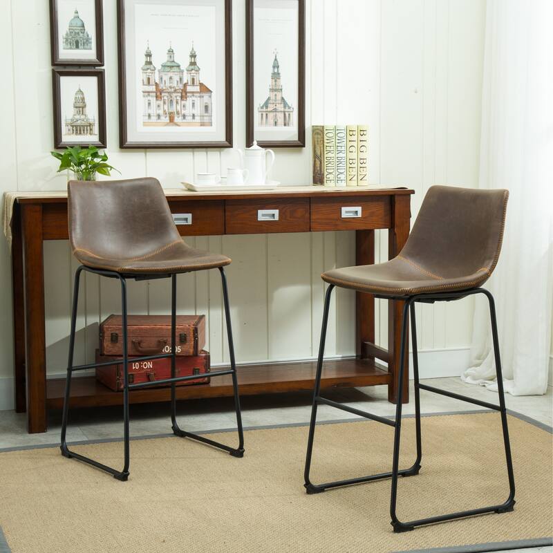 Modern PU Leather Barstools Set of 2, Metal Frame Counter Height Bar Stools with Footrest for Bar, Kitchen Island, Dining Room