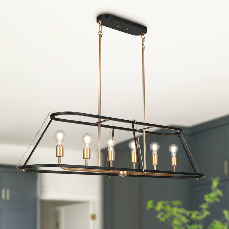 Oversized Modern Metal 6-Light Linear Dining Pendant Black Chandelier - 50.4"W x 13.8"D x 26" - 76"H