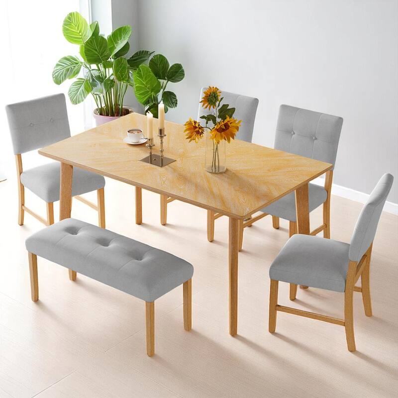 Solid Wood Dining Table Set for 6, Farmhouse Kitchen Table with 4 Upholstered Chairs and Bench, Rustic Finish - Natural
