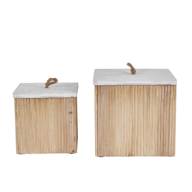Wooden Washed Ribbed Storage Box with White Lids and Rope Handles - Set of 2 Brown - Roche River Decor