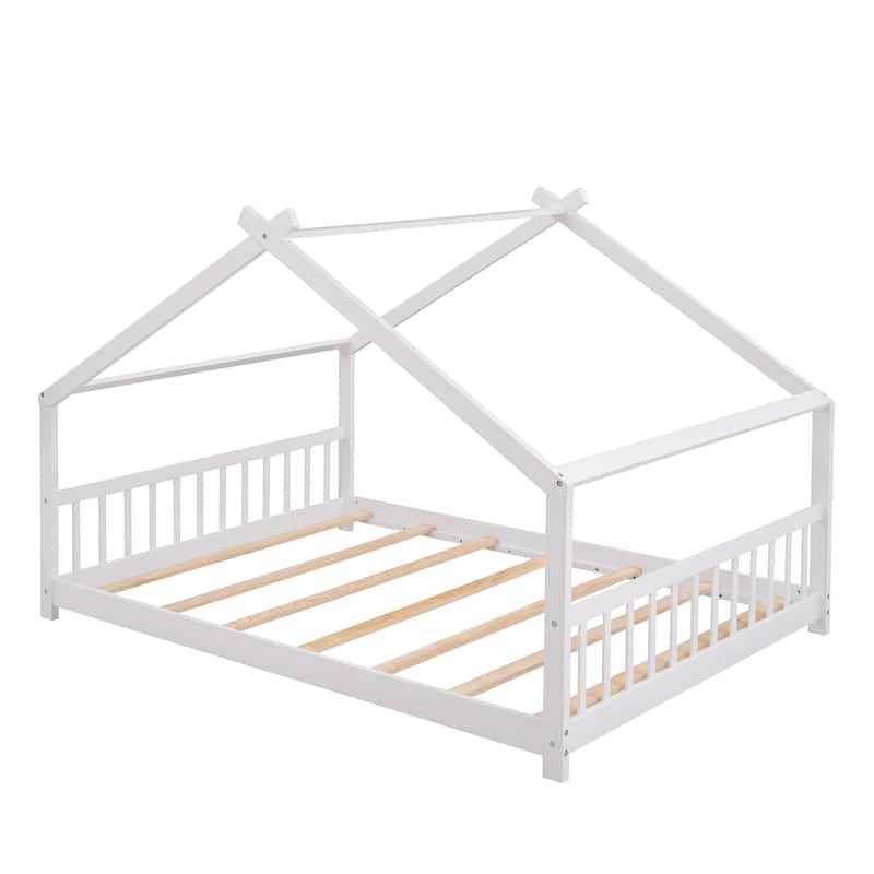 White Solid Wood Twin L-Shaped House Bed with Fence, Versatile Design ...