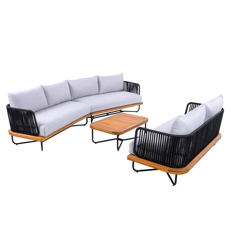 Christopher Knight Home - Evelyn Patio Outdoor Acacia Wood Rope Sofa Set - Sofa Set + Loveset + Table - Teak finsh+Beige cushion+Black rope