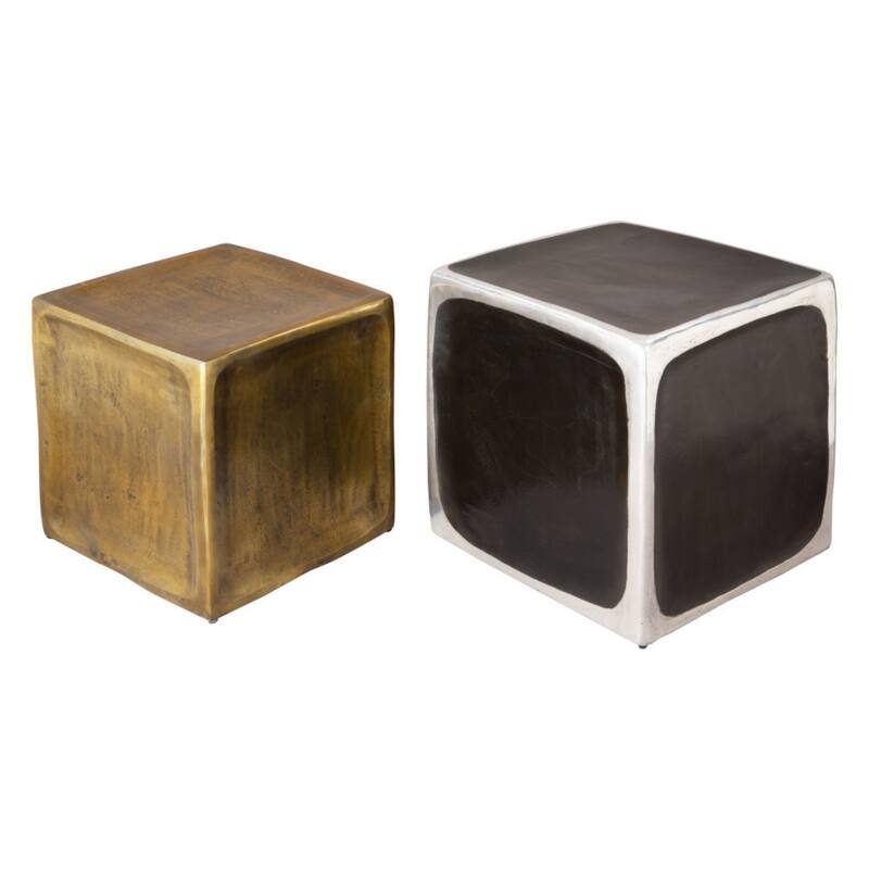 Set of 2 Square Block End Tables in Black Silver and Brass Aluminum - 18.1” x 18.1” x 20.5”