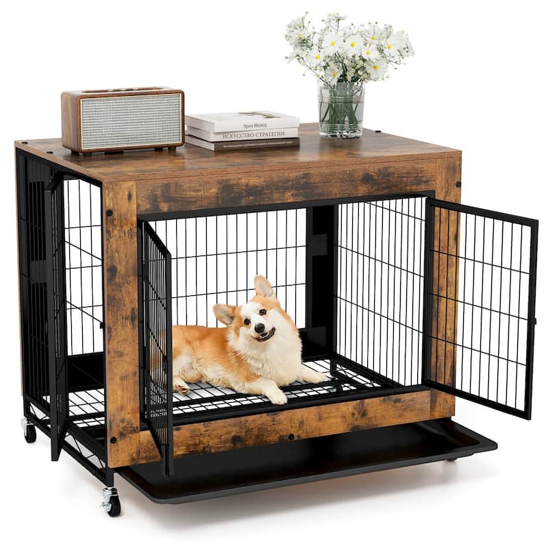 Wooden Dog Crate/Kennel with Flip-Top, Tray and 3 Lockable Doors and Wheels - 38" x 25" x 30.5" (L x W x H)