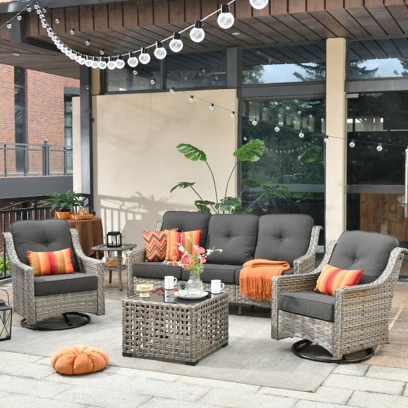 HOOOWOOO 5-piece Rattan Wicker Outdoor Conversation Set with Swivel Chair and Coffee Table