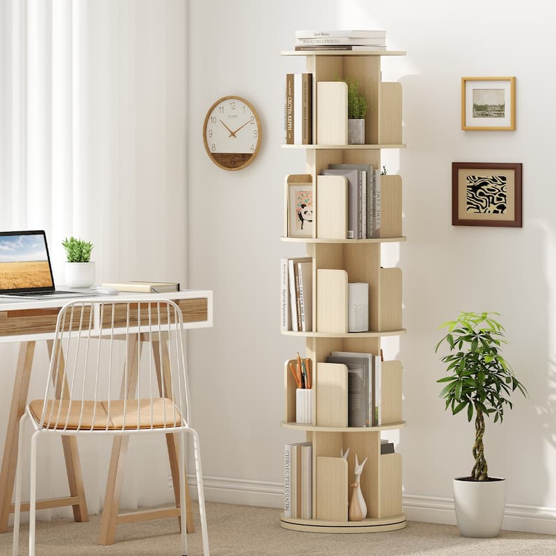 Space-Saving Freestanding 5-Shelf Rotating Bookcase with Swivel Base and Dividers Storage Tower - 15.5" x 15.5" x 63"