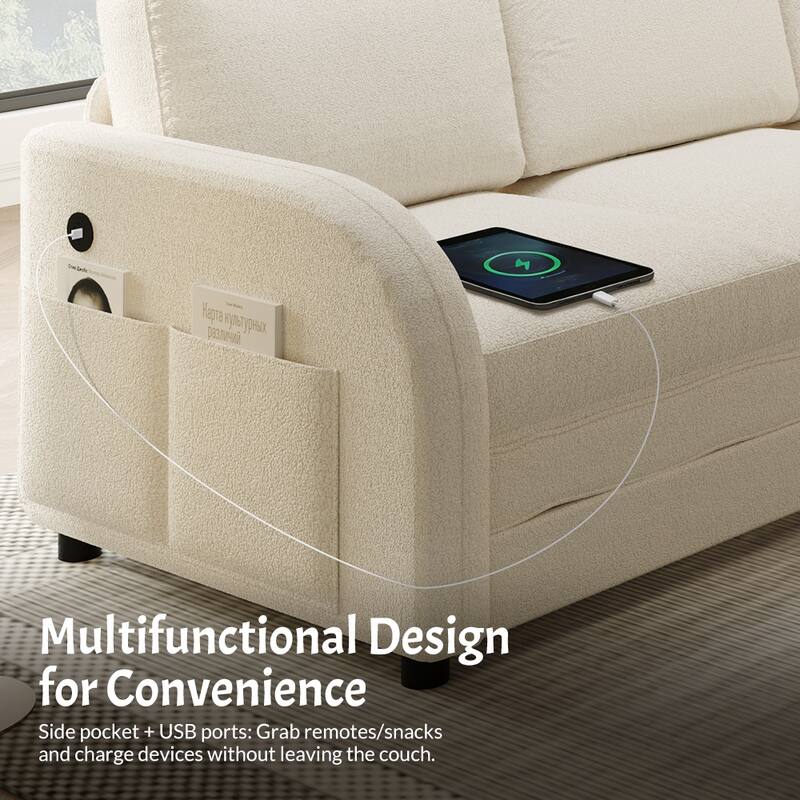 115" L-Shaped Sectional with Pull-Out Bed, USB Ports & Side Pockets, King Size Upholstered Bed