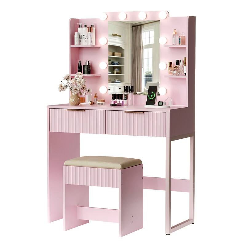 Particle Board Veneered with Textured Melamine, 2-drawer 4-Shelf, comes with 10 Three-color Dimmable Bulbs, Dressing Table Set - Pink