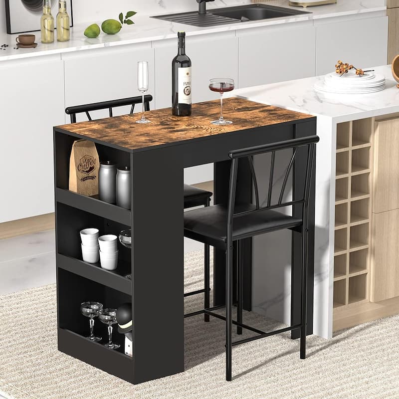 3-Piece Dining Table Set, Counter Height Dining Table Set for 2, Compact Kitchen Table Set - Brown