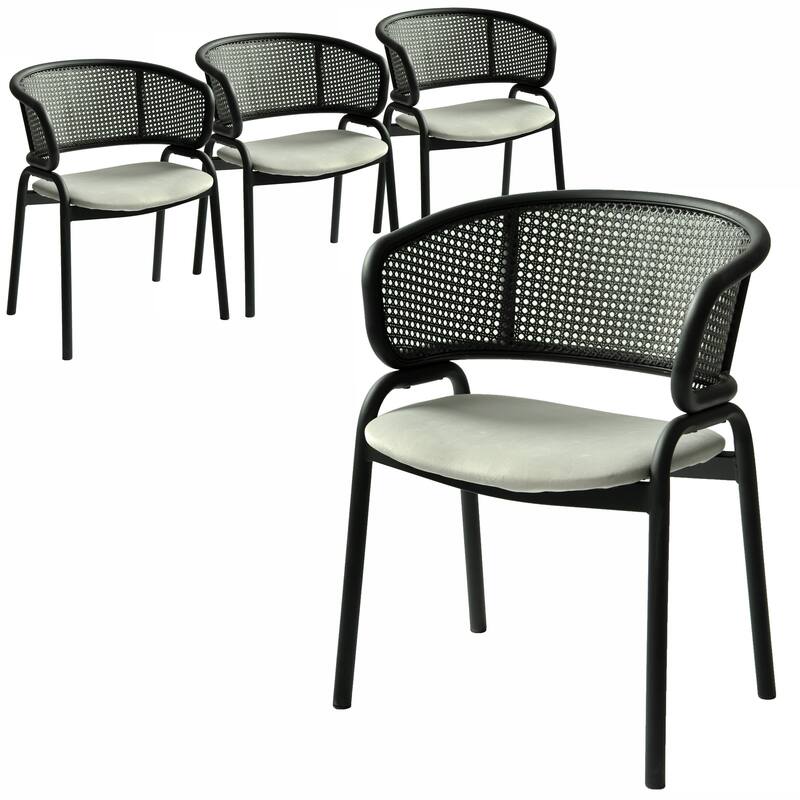 Ervilla Modern Upholstered Accent Side Chair with Wicker Back and Black Iron Legs for Dining Room & Kitchen, Set of 4 - Grey
