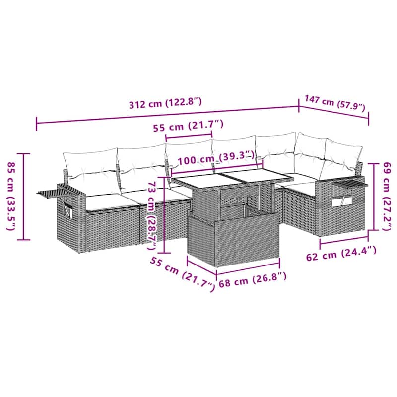 vidaXL Patio Sofa Set with Cushions Outdoor Furniture 7 Piece Poly Rattan - 21.7 x 39.4 x 28.7