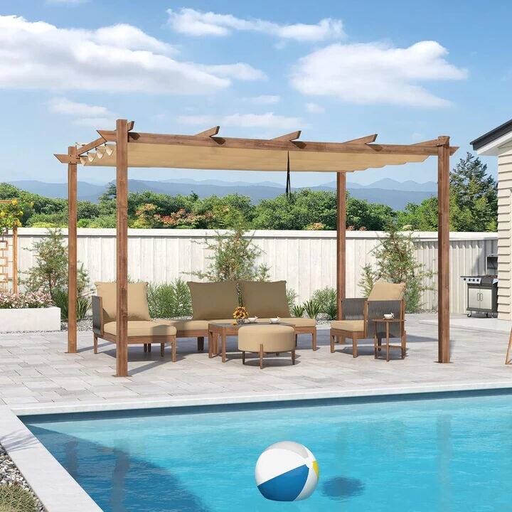 PURPLE LEAF Gazebo Wood Grain Metal Frame Pergola with Extra Top Roof for Patio - 10ft x 13ft - Khaki Canopy