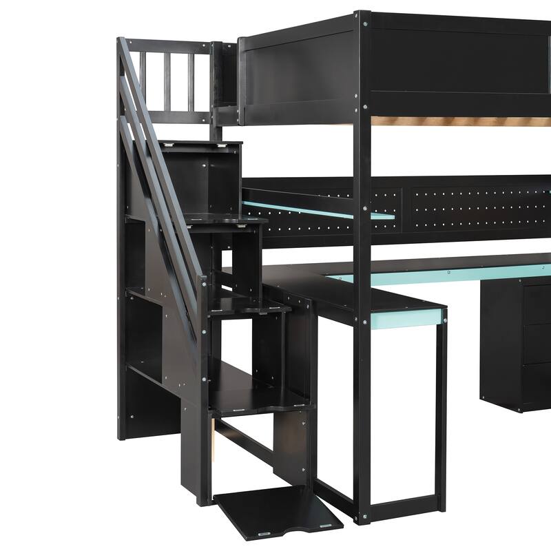 Gaming Loft Bed with Storage Stairs & Desk, Video Game Bed Wood Loft Bed Frame with Pegboard for Teens