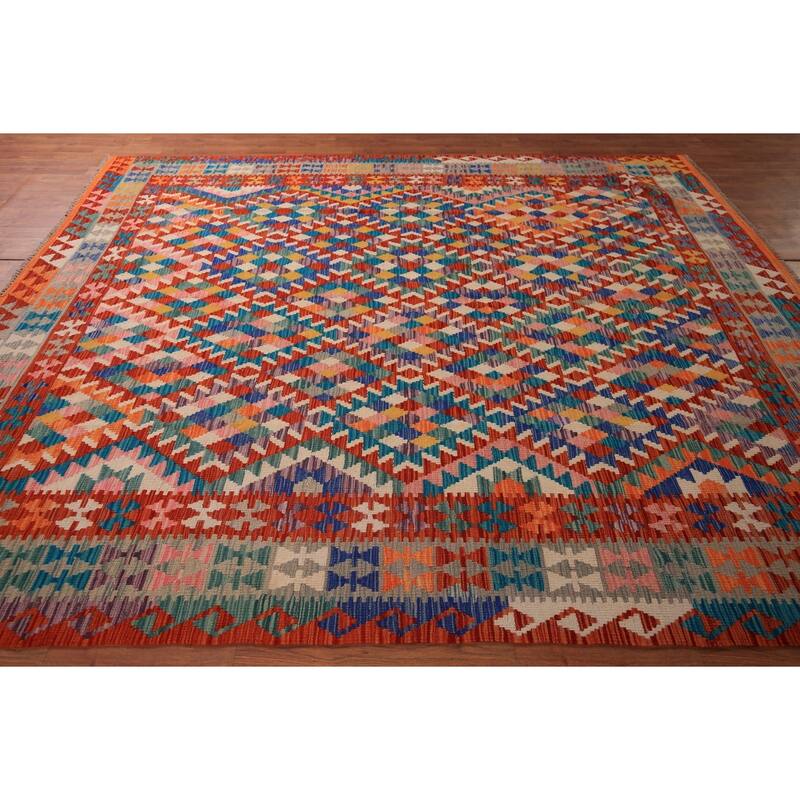 South Western Style Kilim Area Rug Hand-Woven Multi-Color Wool Carpet - 8'1" x 9'10"