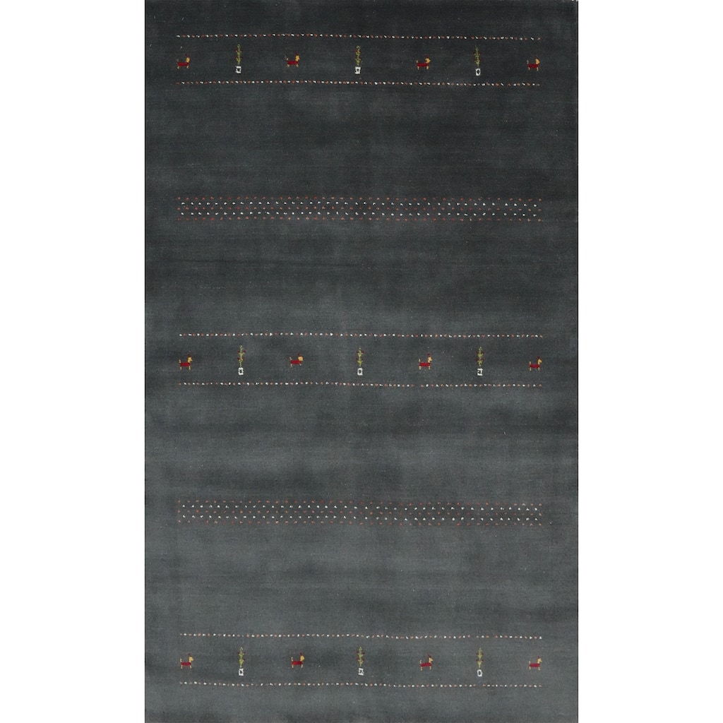 Hand Knotted Oriental 100% Wool Carpet Tribal Animal Pictorial Greys & Charcoal Gabbeh Area Rug - 7' 10'' X 4' 10''