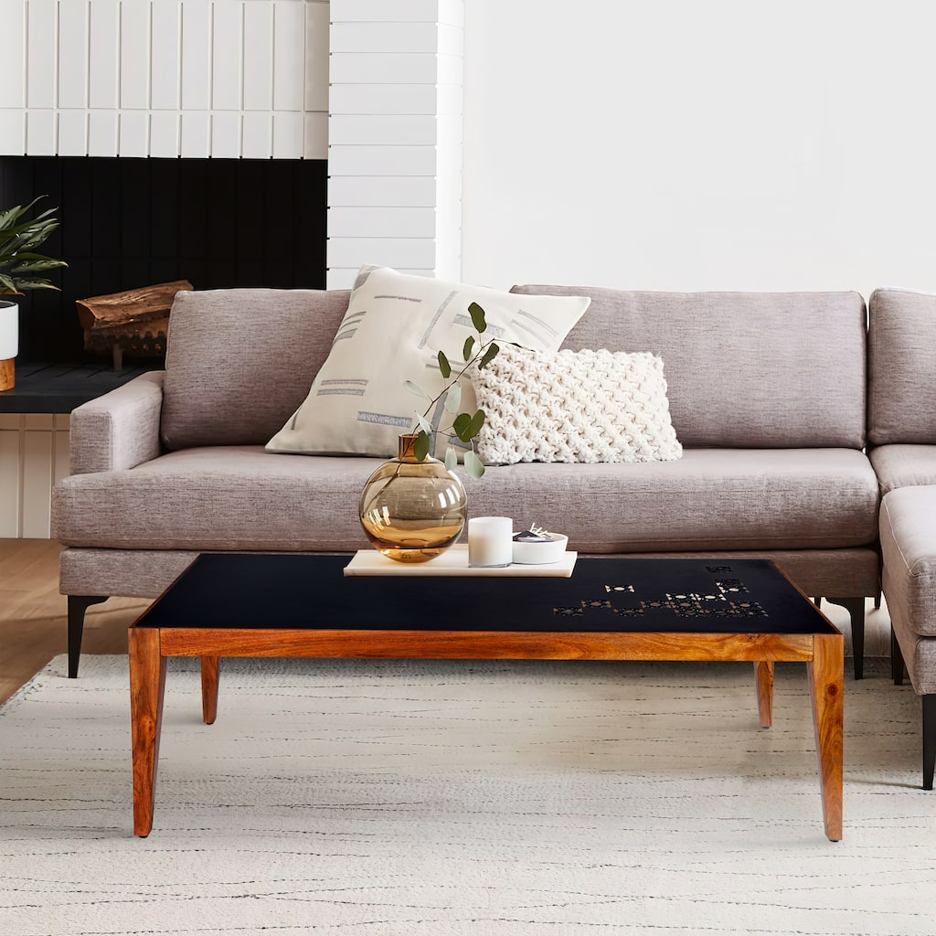 47 Inch Rectangular Metal Top Coffee Table with Laser Cut Design