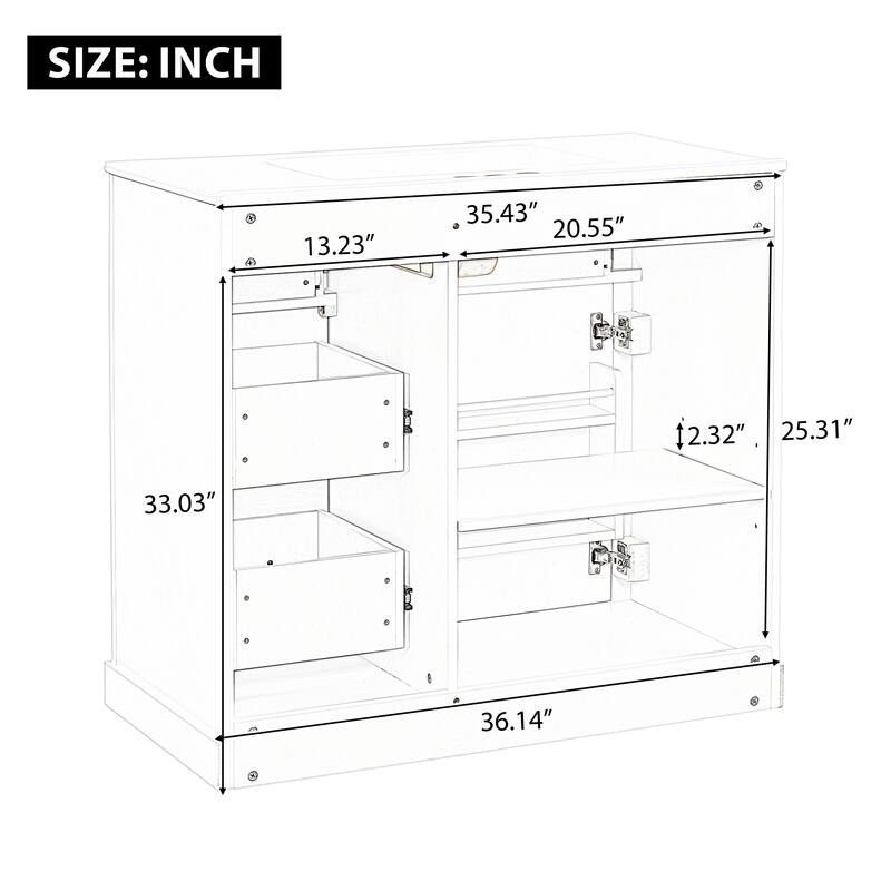 Roomfitters 36" Bathroom Vanity with Sink, Solid Wood Frame, 4 Drawers & Soft-Close Door with Storage Rack