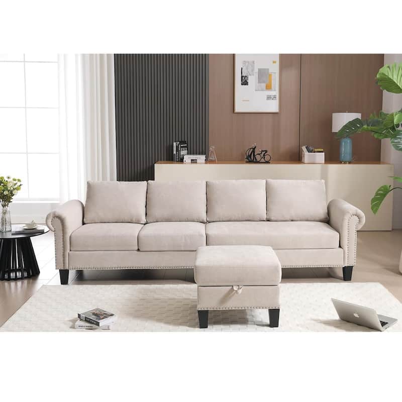Convertible Sectional Sofa with Storage,L-Shaped Sofa,Four-Seater Sofa,Modern Linen Fabric Sectional Couches - Beige
