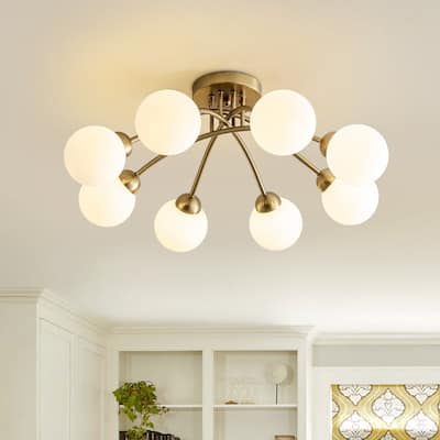 Mid-Century Opal Glass Globe Round Sputnik Ceiling Light 27in